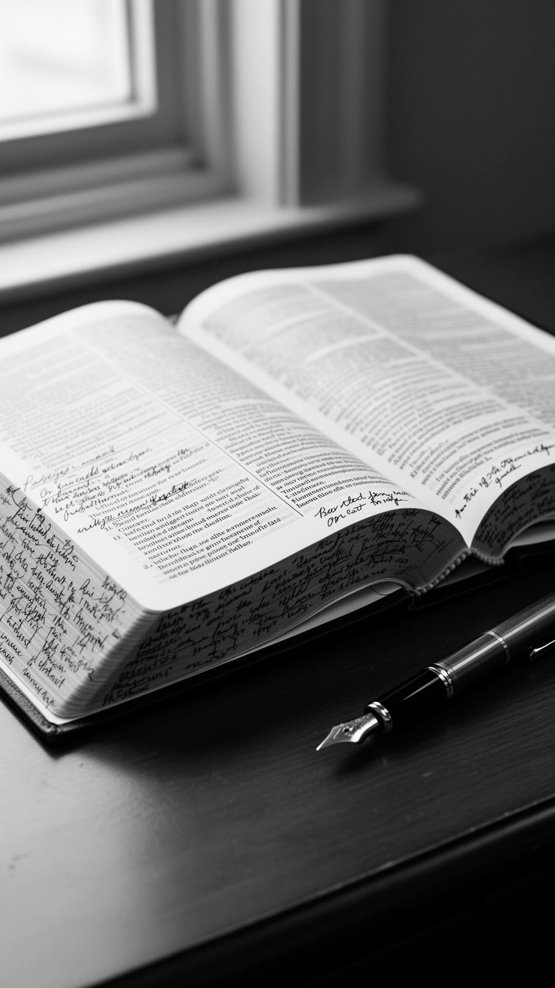 Open legal book with handwritten margin notes and a fountain pen