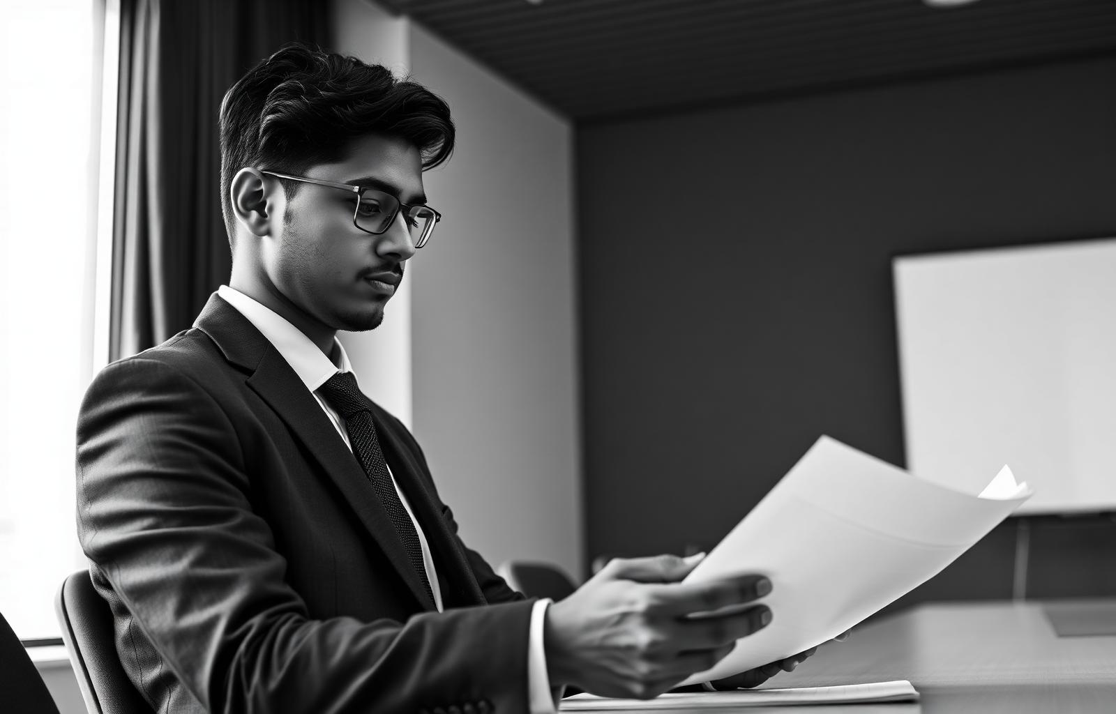 A junior lawyer reviewing case documents