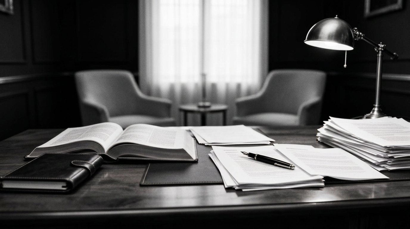 A warm, lamp-lit legal workspace with open law books, documents, and quiet seating in the background